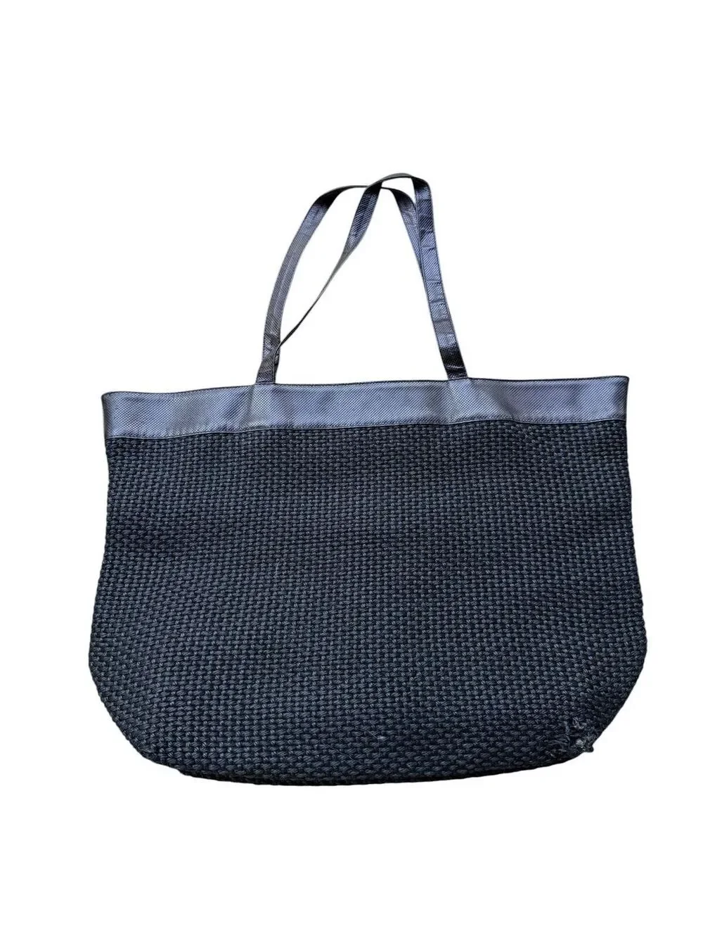 Bottega Venata Authentic Large Intrecciato Leather & Wool Raffia Nero Tote Bag